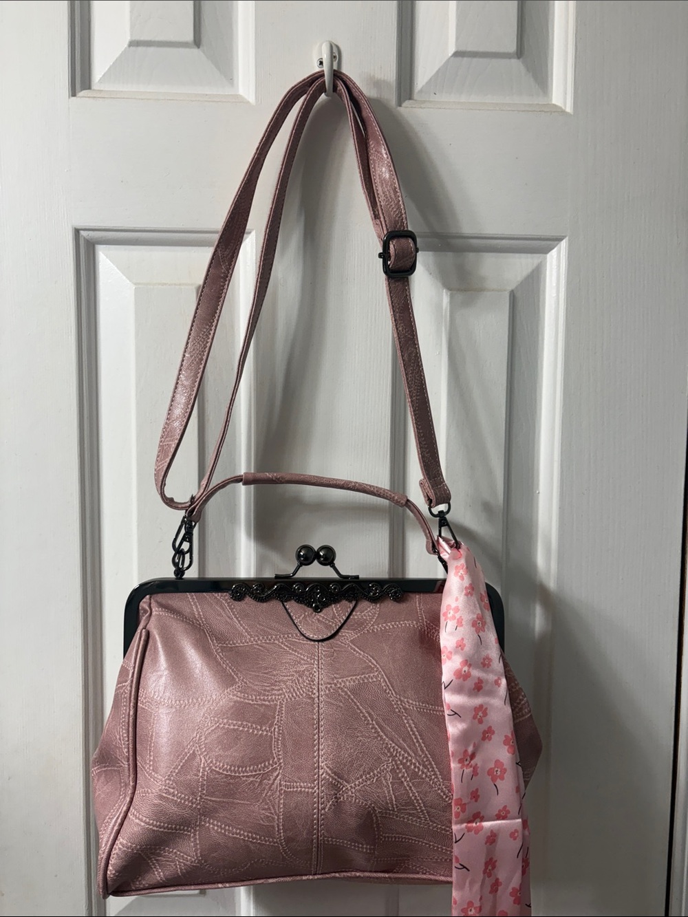 Rose Metallic Frame Shoulder Bag with Floral Scarf Accent